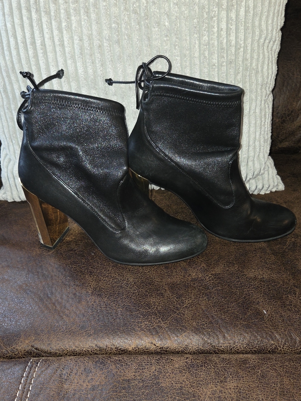 Stuart Weitzman Black Leather Ankle Booties with Lucite & Gold Block Heel